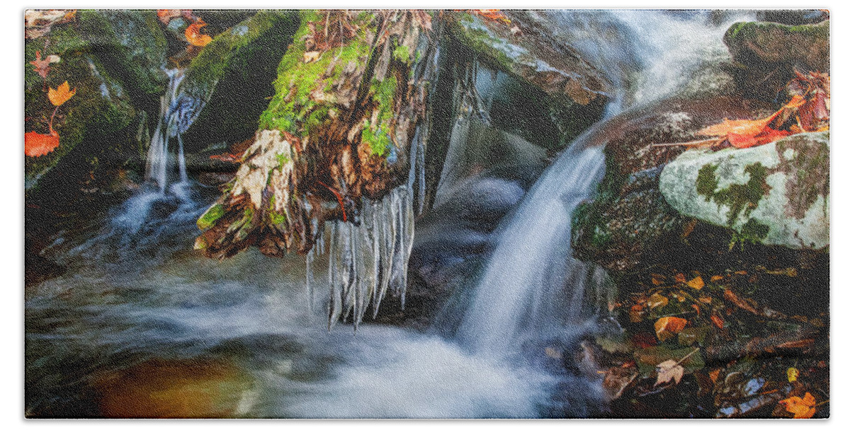 Waterfall Beach Towel featuring the photograph Dragons Teeth Icicles Waterfall Great Smoky Mountains Painted by Rich Franco