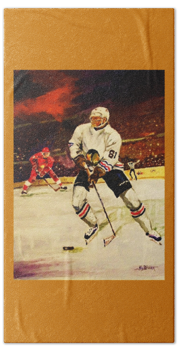 Hockey Beach Towel featuring the painting Drama on Ice by Al Brown