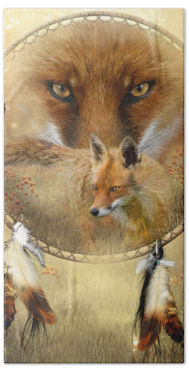 Carol Cavalaris Beach Towel featuring the painting Dream Catcher- Spirit Of The Red Fox by Carol Cavalaris
