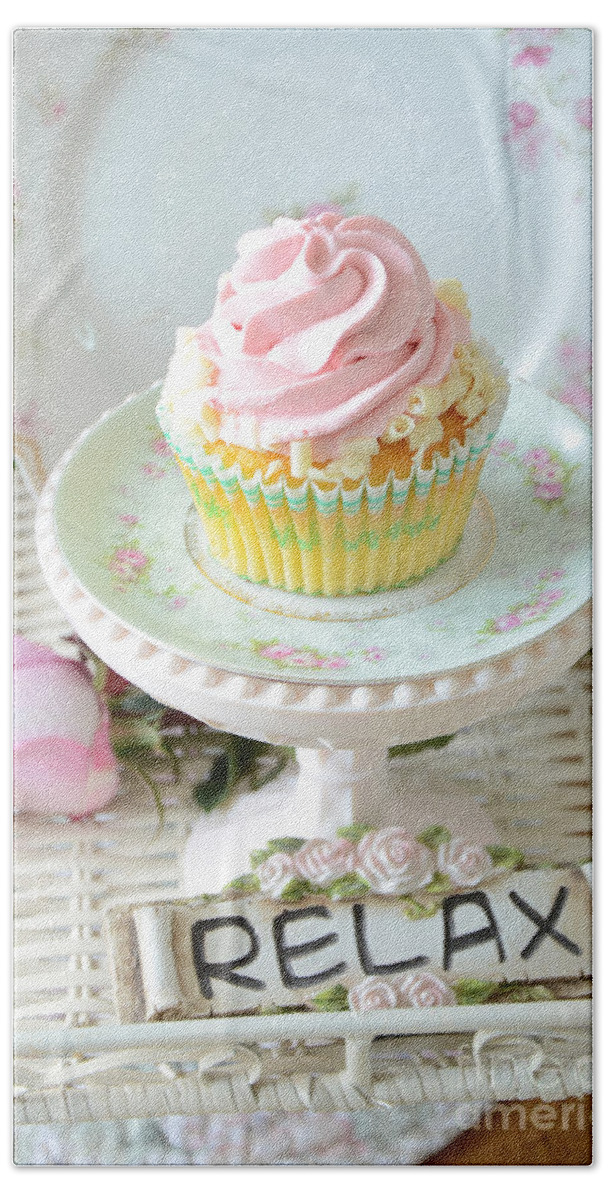 Cupcake Photos Beach Towel featuring the photograph Dreamy Shabby Chic Cupcake Romantic Food Vintage Cottage Food Photography - Just Relax by Kathy Fornal