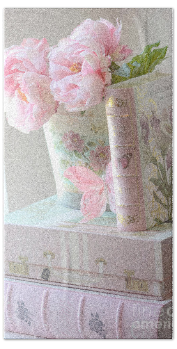 Peony Beach Sheet featuring the photograph Dreamy Shabby Chic Pink Peonies and Books - Romantic Cottage Peonies Floral Art With Pink Books by Kathy Fornal