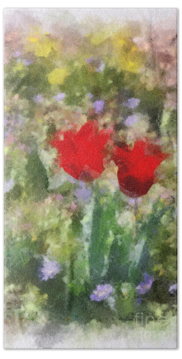 Red Tulips Beach Sheet featuring the painting Dressed in Red by Kerri Farley