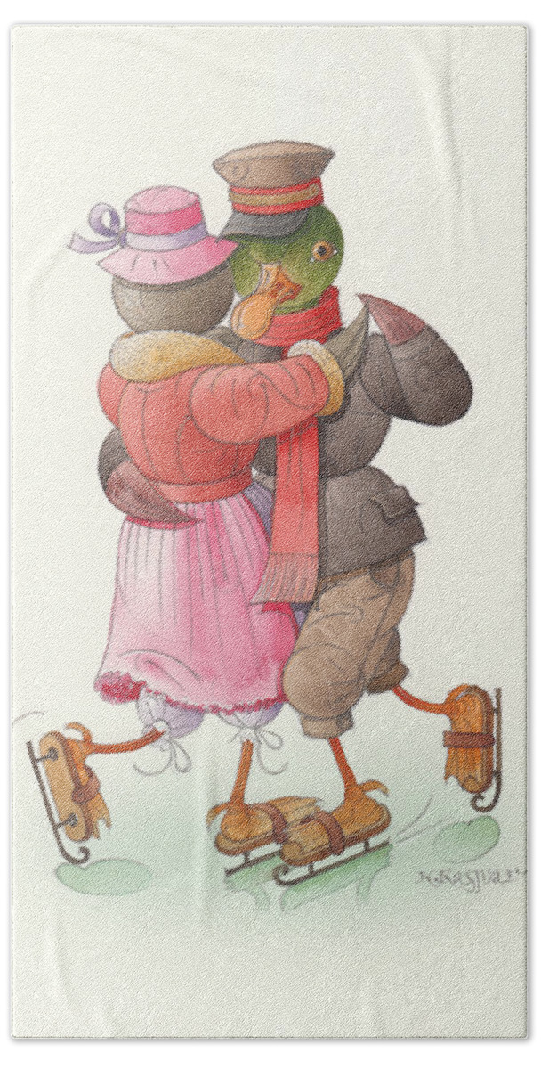 Christmas Winter Snow Ice Dance Skate Greeting Cards Rose Red White Beach Towel featuring the painting Ducks on skates 09 by Kestutis Kasparavicius