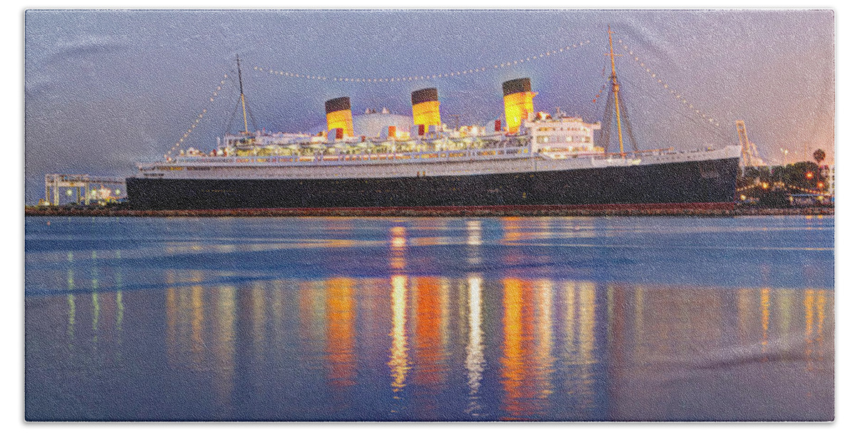 Atmosphere Beach Sheet featuring the photograph Dusk Light On The Queen Mary by Heidi Smith
