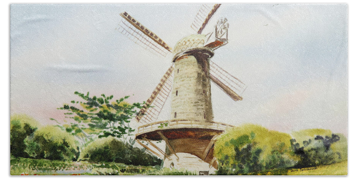 Windmill Beach Towel featuring the painting Dutch Windmill in San Francisco by Irina Sztukowski