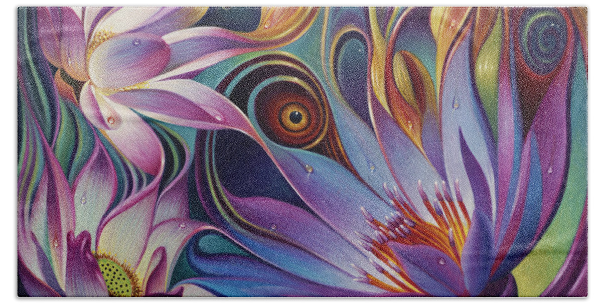 Lotus Beach Towel featuring the painting Dynamic Floral Fantasy by Ricardo Chavez-Mendez