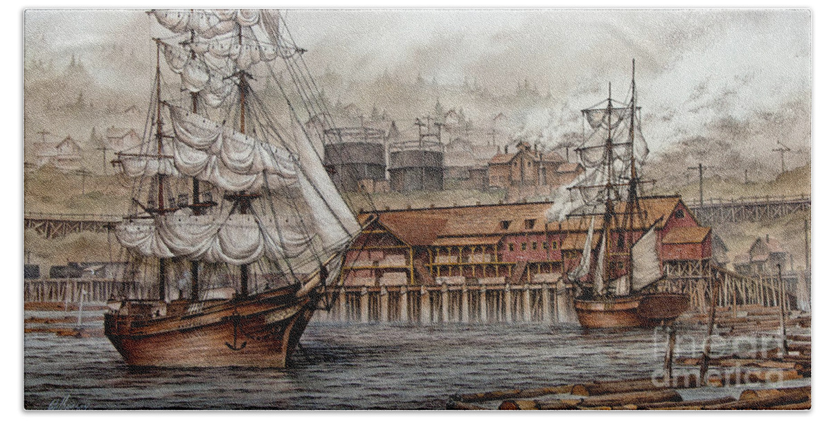 E K Wood Beach Towel featuring the painting E. K. Wood Lumber Mill by James Williamson