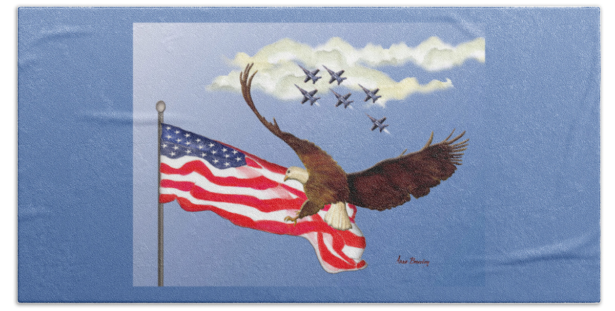 Blue Angels Beach Sheet featuring the painting Eagle Soaring with Blue Angels by Anne Beverley-Stamps