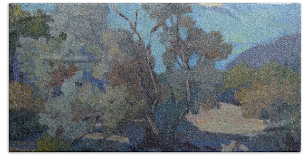 Smoke Tree Beach Towel featuring the painting Early Morning Light Smoke Tree by Diane McClary