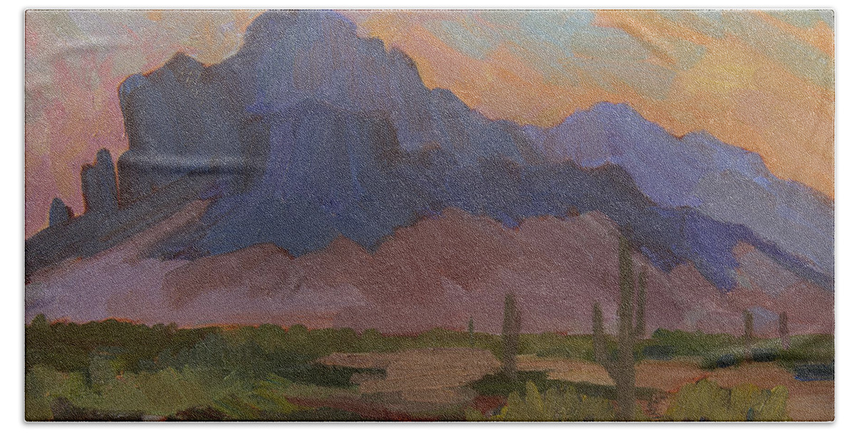 Early Morning Beach Towel featuring the painting Early Mornng at Superstition Mountain by Diane McClary
