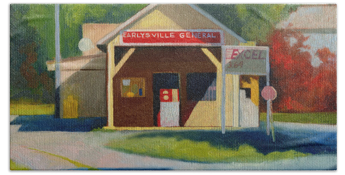 Earlysville Beach Sheet featuring the painting Earlysville Virginia Old Service Station Nostalgia by Catherine Twomey