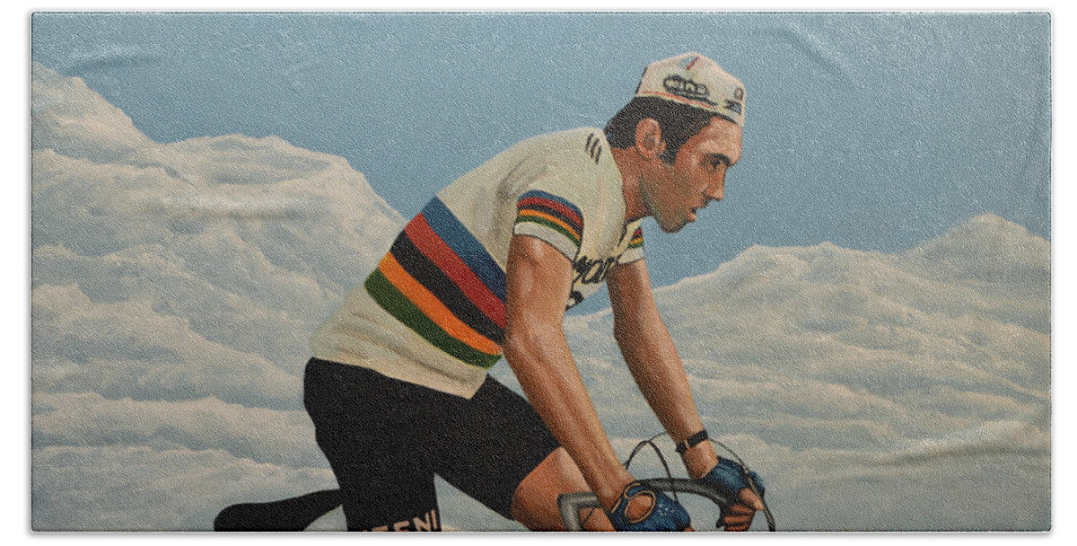 Eddy Merckx Beach Towel featuring the painting Eddy Merckx by Paul Meijering