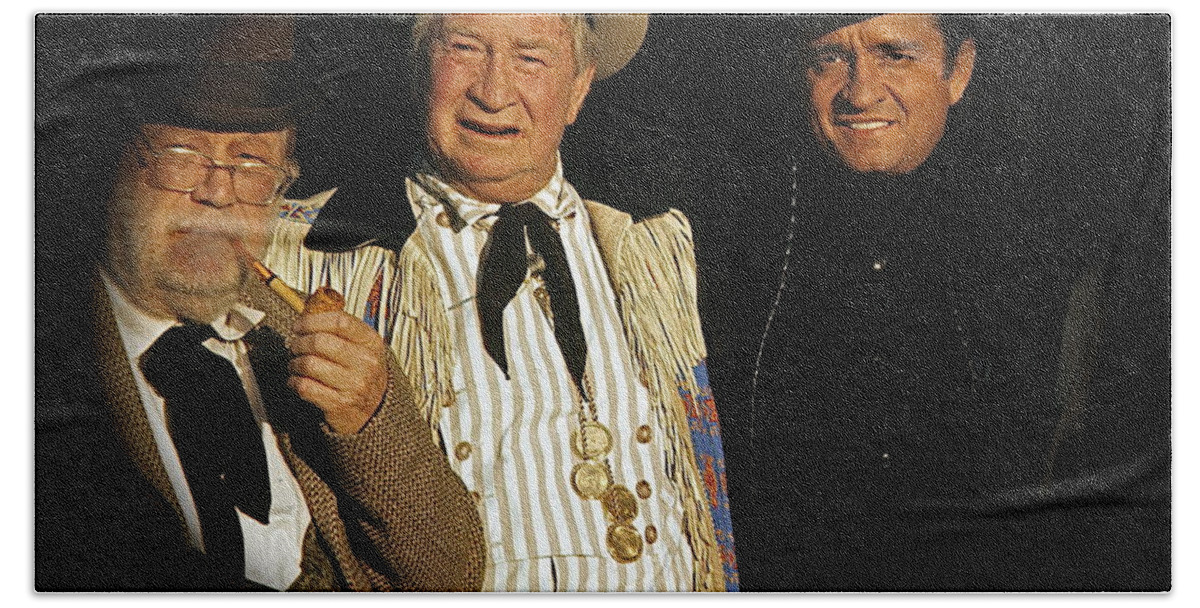 Edgar Buchanan Chills Wills Johnny Cash Porch Old Tucson Az Western Wear Andy Devine Duster Vignetting Beach Sheet featuring the photograph Edgar Buchanan Chills Wills Johnny Cash porch Old Tucson Arizona 1971-2008 by David Lee Guss