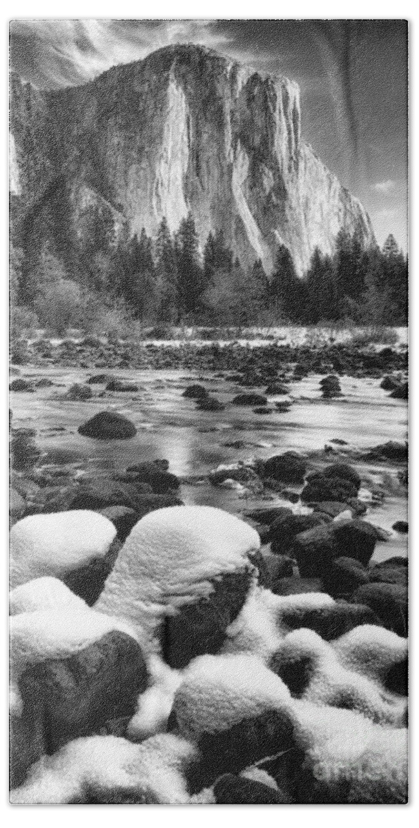 Yosemite Beach Towel featuring the photograph El Cap and Snow by Anthony Michael Bonafede