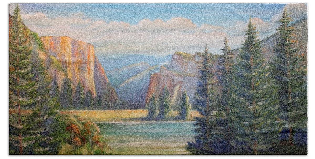 Yosemite Beach Towel featuring the painting El Capitan Yosemite National Park by Remegio Onia