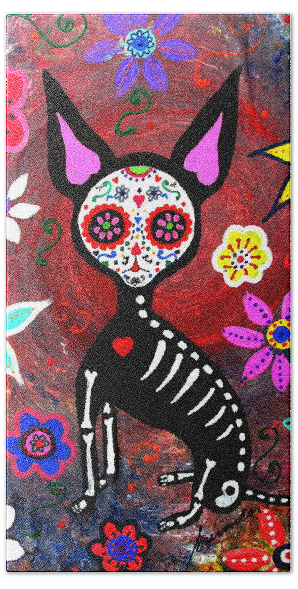 El Perrito Beach Towel featuring the painting El Perrito Chihuahua Day Of The Dead by Pristine Cartera Turkus