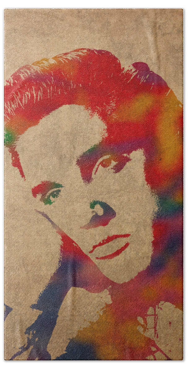 Elvis Presley Watercolor Portrait On Worn Distressed Canvas Beach Towel featuring the mixed media Elvis Presley Watercolor Portrait on Worn Distressed Canvas by Design Turnpike