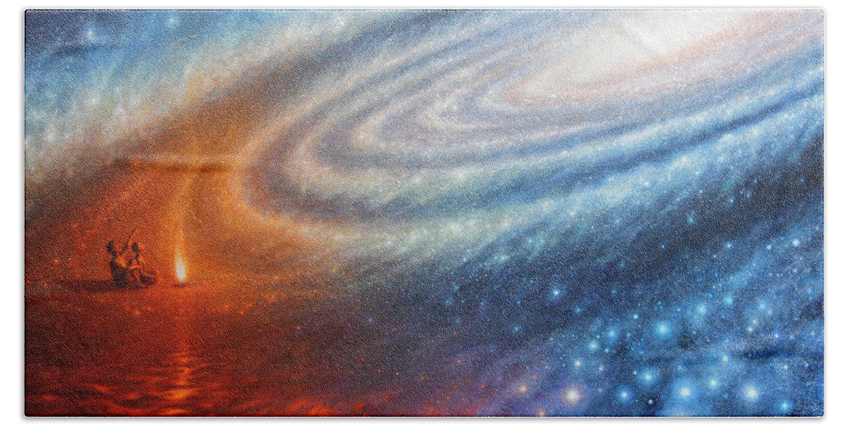 Ancestor Beach Towel featuring the painting Embers of Exploration and Enlightenment by Lucy West