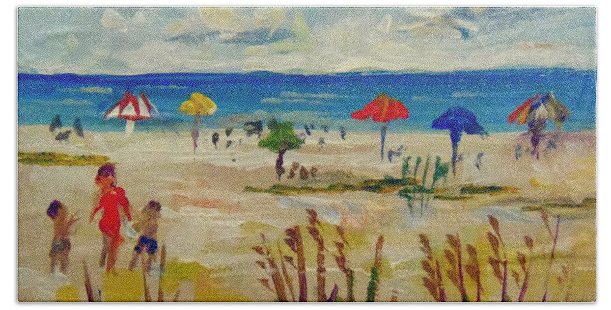 Siesta Key Beach Beach Sheet featuring the painting Enjoying Siesta Beach by Lou Ann Bagnall