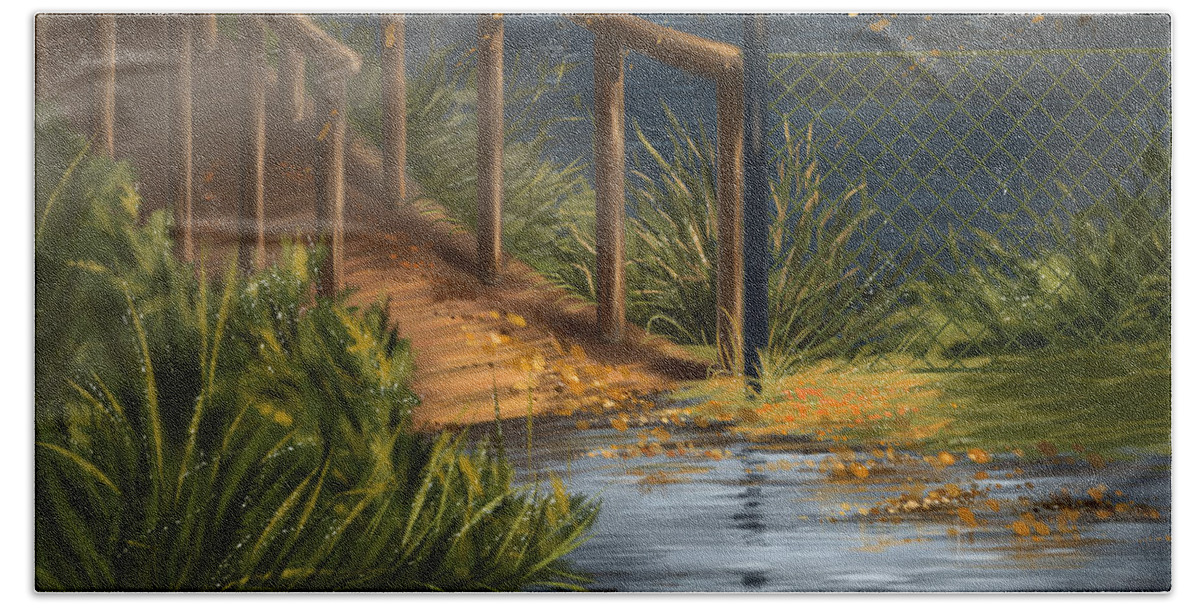 Autumn Beach Towel featuring the painting Evening in the park by Veronica Minozzi