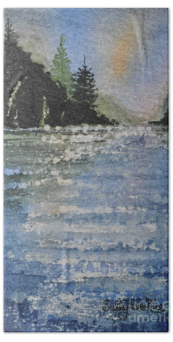 Spruce Beach Towel featuring the painting Evergreen Shore by Sally Tiska Rice