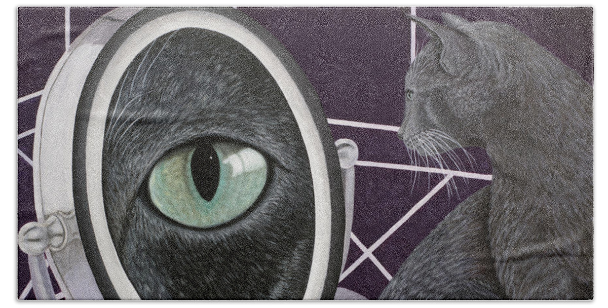 Cat Art Beach Towel featuring the painting Eye See You by Karen Zuk Rosenblatt