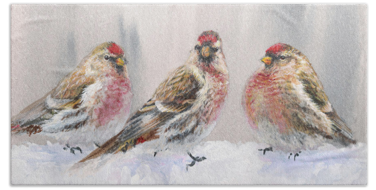Bird Art Beach Sheet featuring the painting Snowy Birds - Eyeing The Feeder 2 Alaskan Redpolls In Winter Scene by K Whitworth
