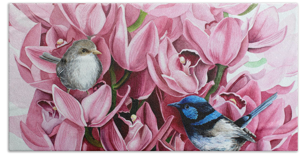 Watercolor Beach Towel featuring the painting Fairy Wrens and Orchids by Debbie Hart