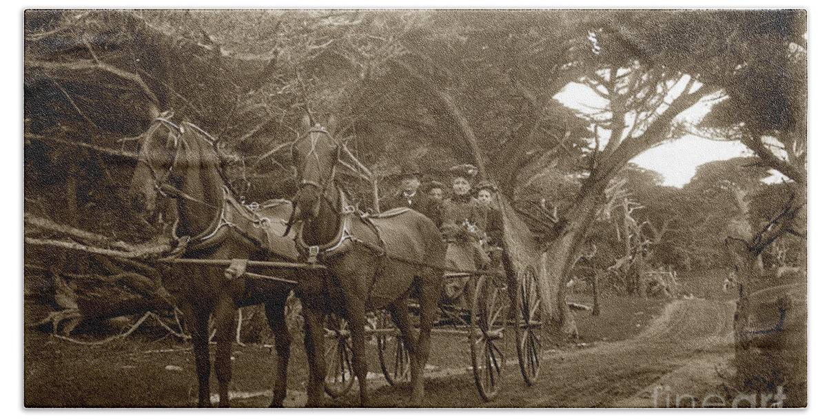 Family Beach Sheet featuring the photograph Family out carriage ride on the 17 Mile Drive in Pebble Beach Circa 1895 by Monterey County Historical Society