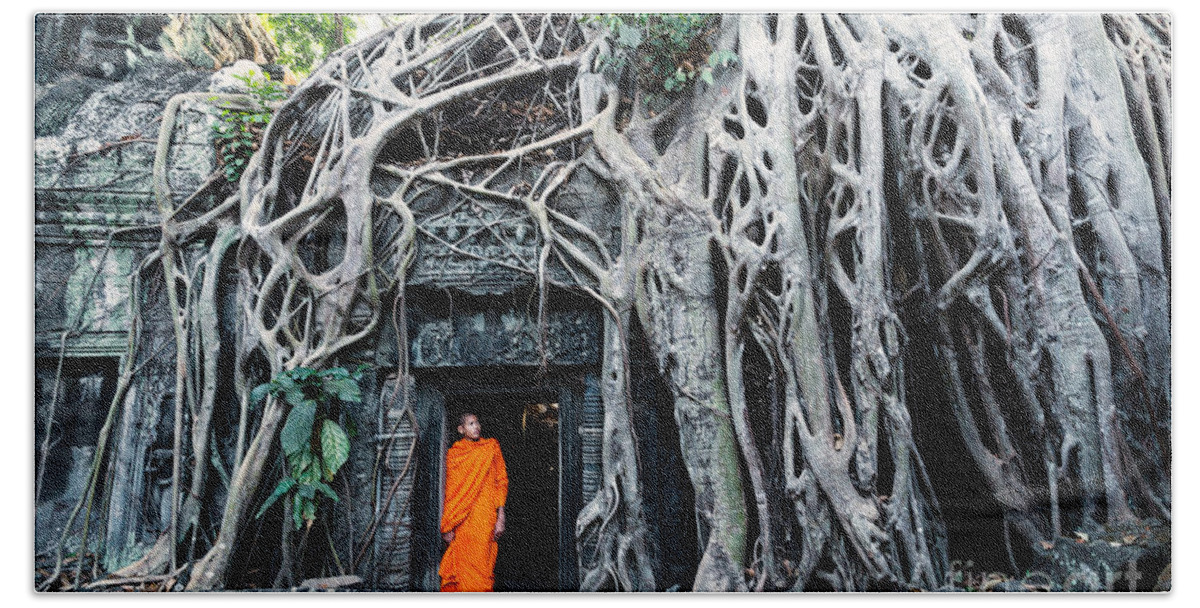 Cambodia Beach Towel featuring the photograph Famous big tree inside Ta Phrom temple - Angkor - Cambodia by Matteo Colombo