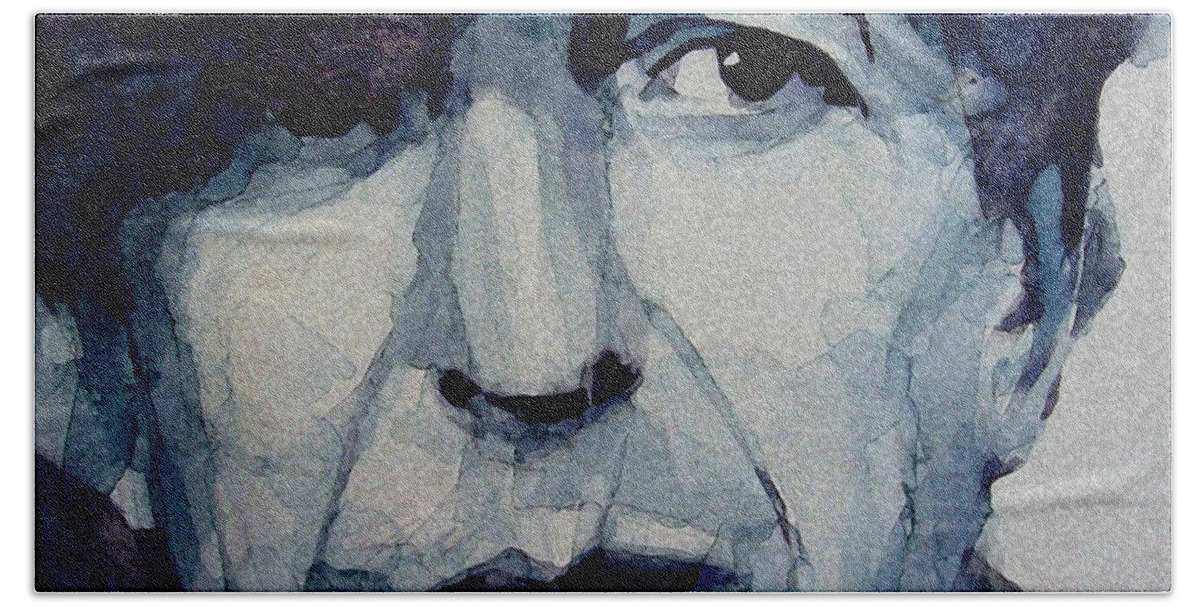 Leonard Cohen Beach Towel featuring the painting Famous Blue raincoat by Paul Lovering