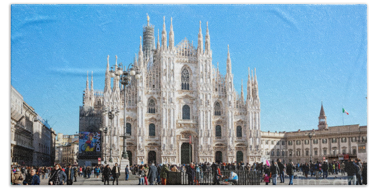 Duomo Beach Towel featuring the photograph Famous Piazza del Duomo - Milan - Italy by Matteo Colombo