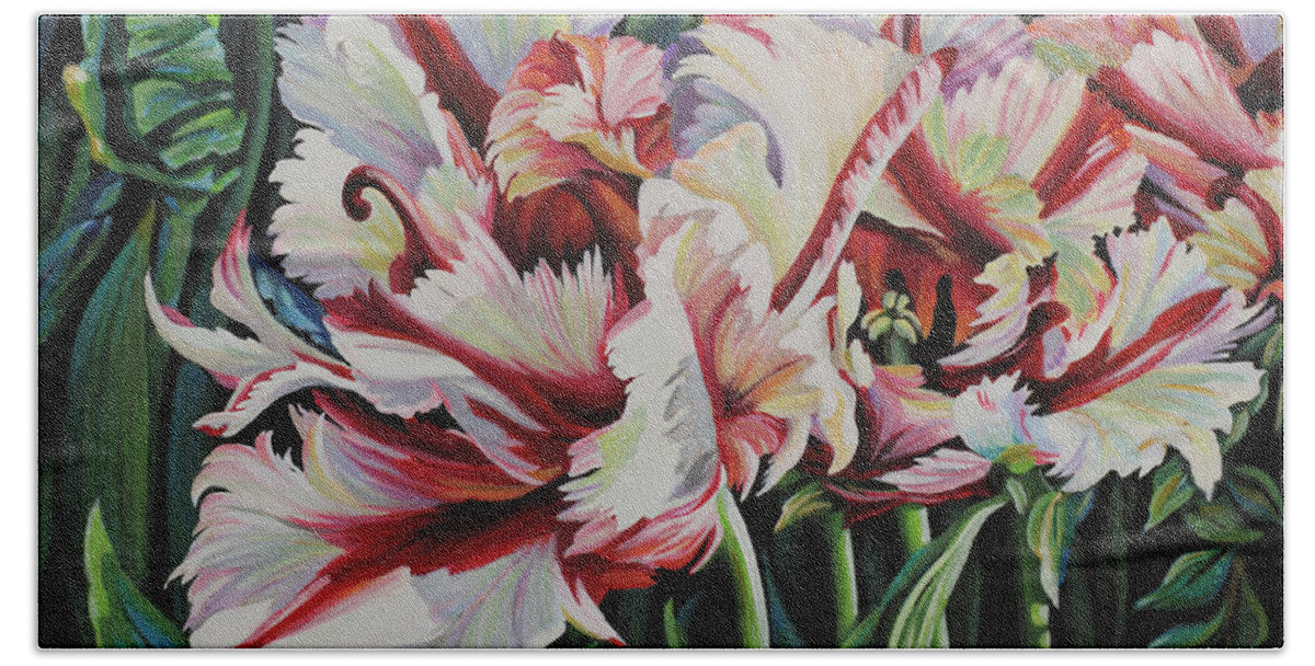 Flower Beach Towel featuring the painting Fancy Parrot Tulips by Jane Girardot