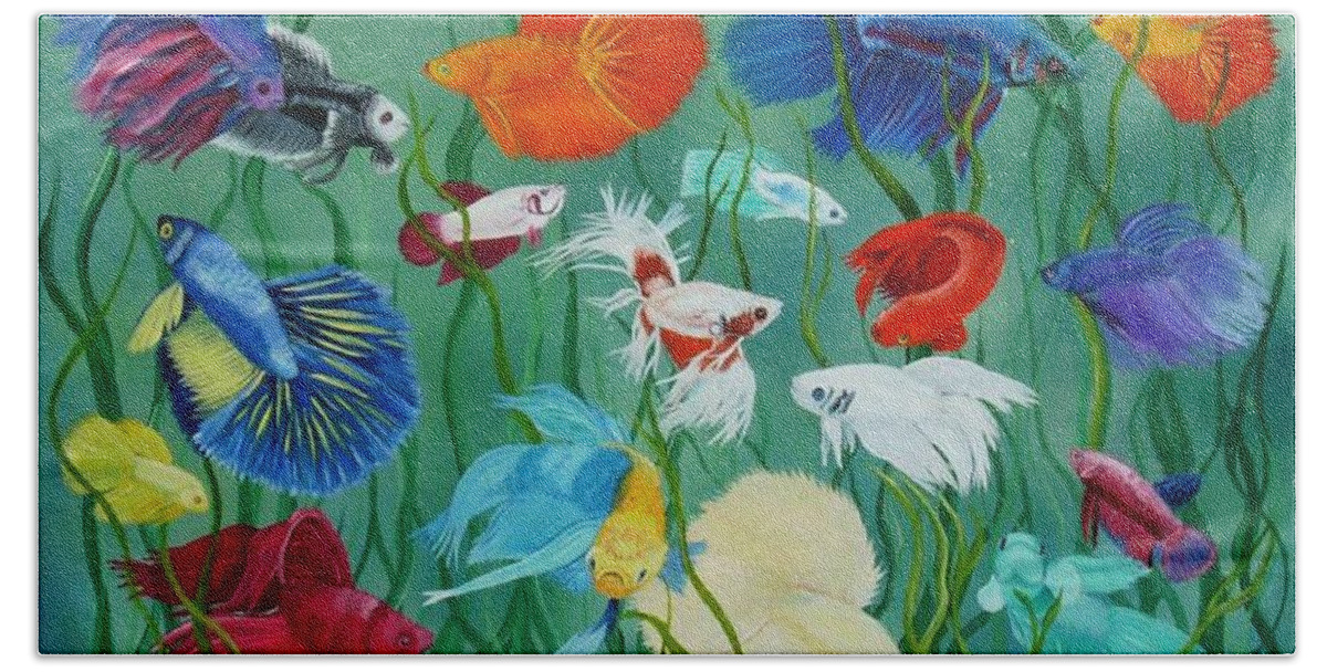 Siamese Fighting Fish Beach Towel featuring the painting Fantasy Bettas by Debbie LaFrance