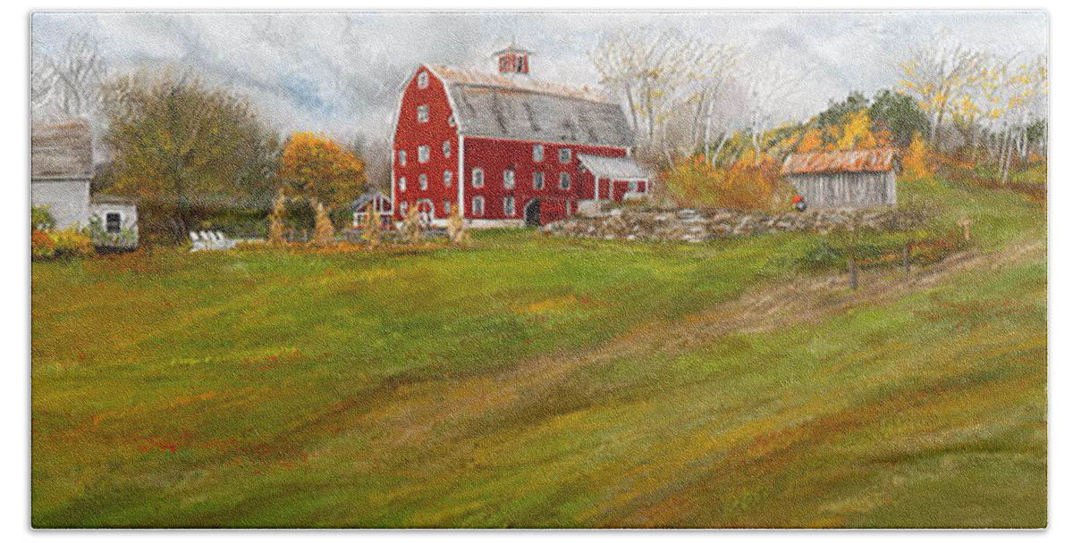 Farmhouse At Robinson Farm Beach Towel featuring the painting Red Barn Art- Farmhouse Inn At Robinson Farm by Lourry Legarde