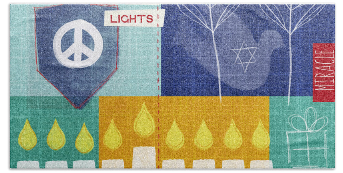 Hanukkah Beach Towel featuring the painting Festival Of Lights by Linda Woods