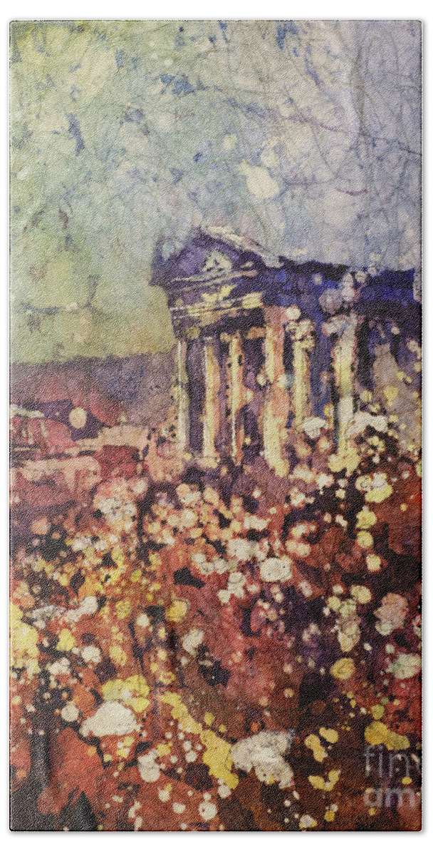  Beach Towel featuring the painting Fields of Flower- And Roman Temple by Ryan Fox