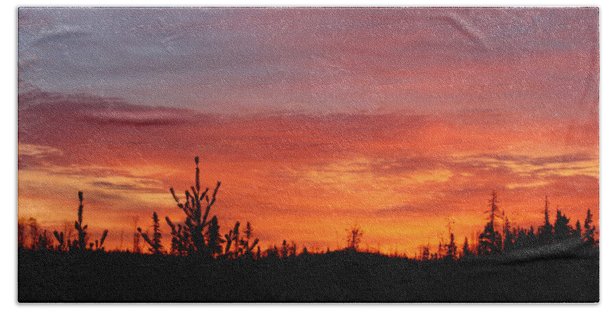 Landscape Beach Towel featuring the photograph Fiery Sunset by Lynne McQueen