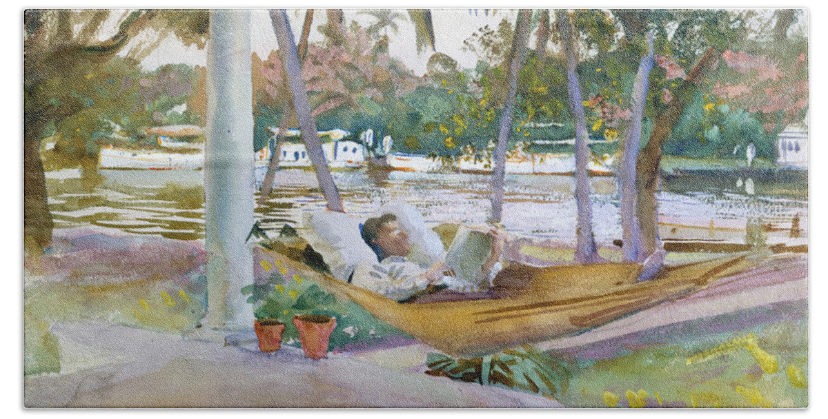John Singer Sargent Beach Towel featuring the painting Figure in Hammock. Florida by John Singer Sargent