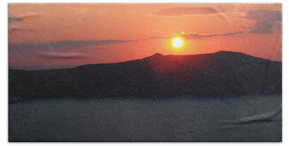 Greece Santorini Island Sunset Landscape Romance Firastefani Beach Towel featuring the photograph Firastefani Sunset by Brenda Salamone