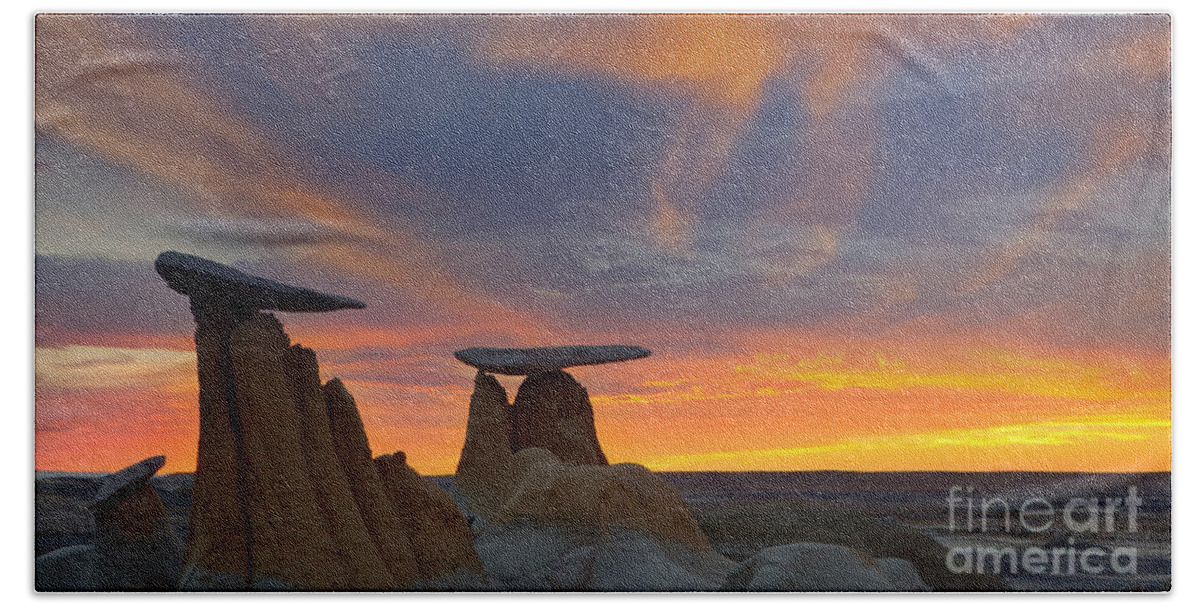 Rock Formations Beach Towel featuring the photograph Fire in the Sky by Keith Kapple