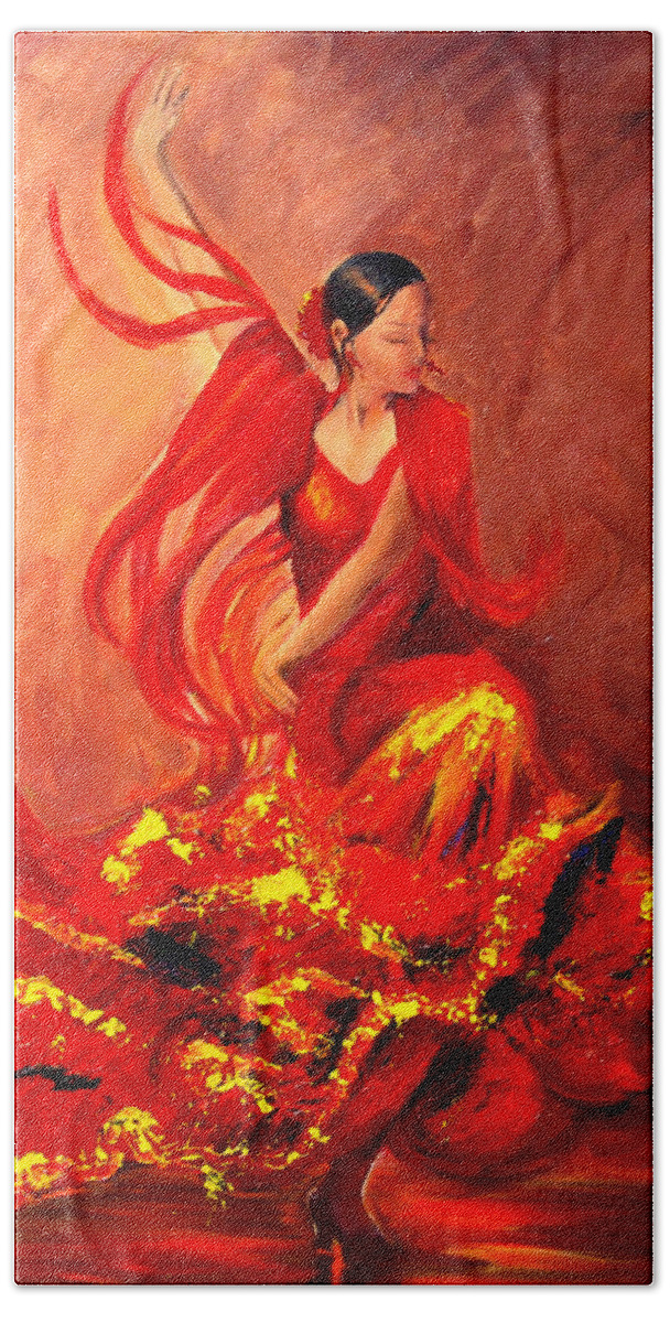 Flamenco Dancer Beach Towel featuring the painting Fire of Life Flamenco by Sheri Chakamian