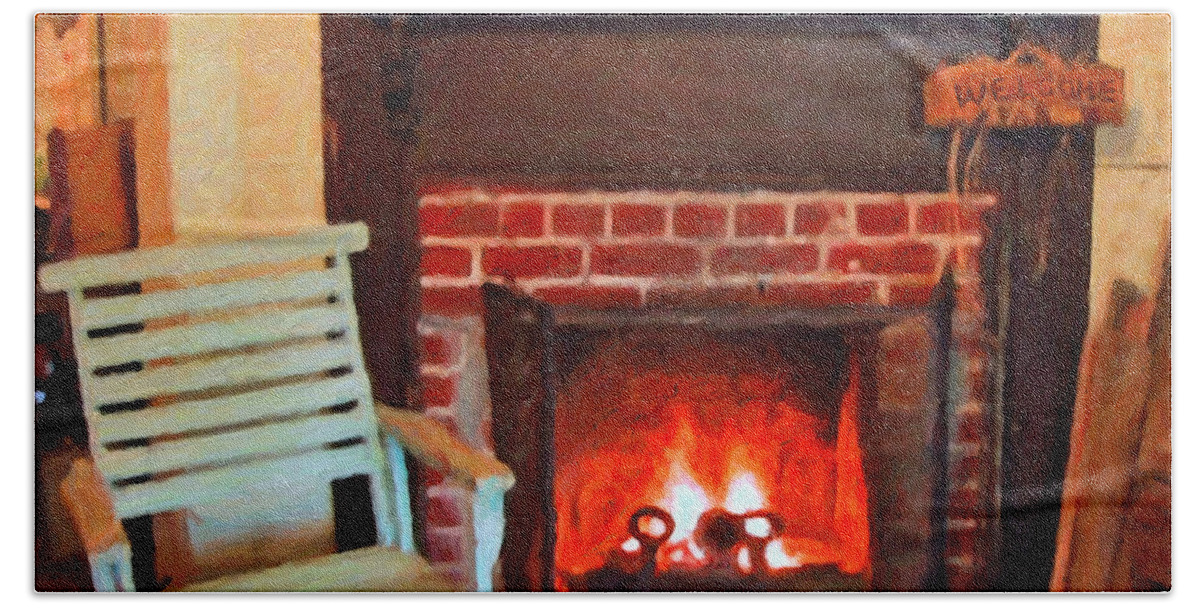 Hearth Beach Sheet featuring the photograph The Family Hearth - Fireplace Old Rocking Chair by Rebecca Korpita