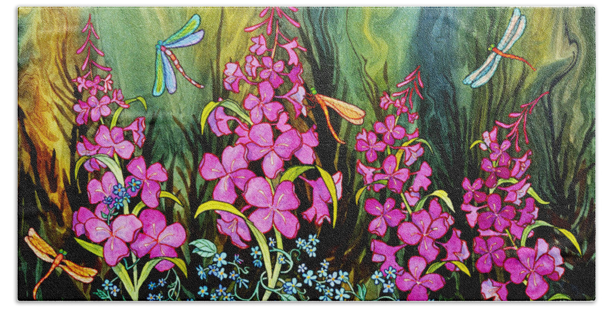 Fireweed And Dragonflies Beach Towel featuring the painting Fireweed and Dragonflies by Teresa Ascone