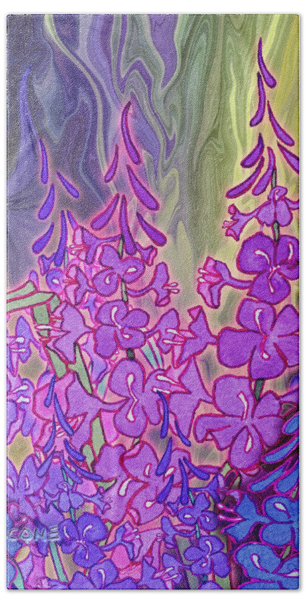 Fireweed Beach Towel featuring the mixed media Fireweed Medley by Teresa Ascone