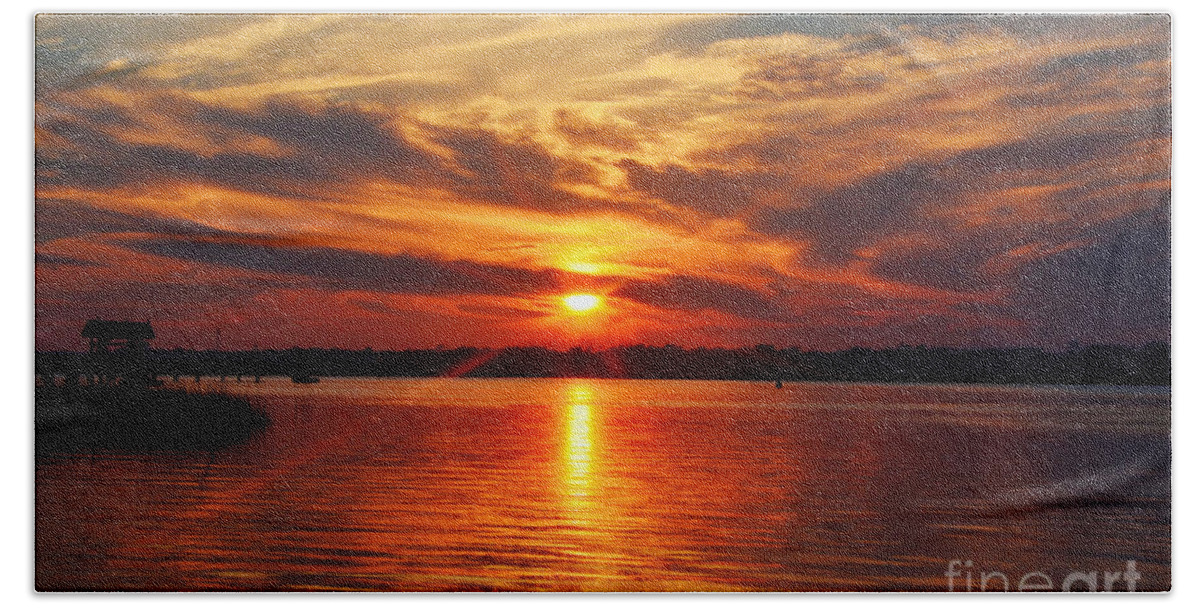 Sunset Beach Towel featuring the photograph Firey Sunset by Kathy Baccari
