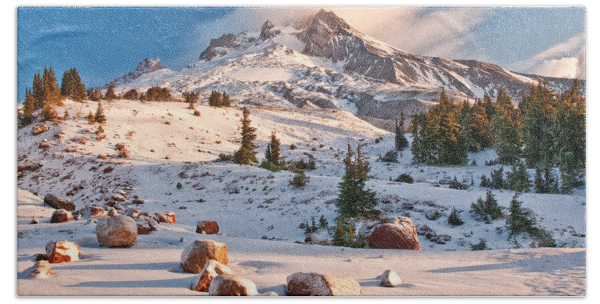 Mount Hood Beach Towel featuring the photograph First Snow by Darren White