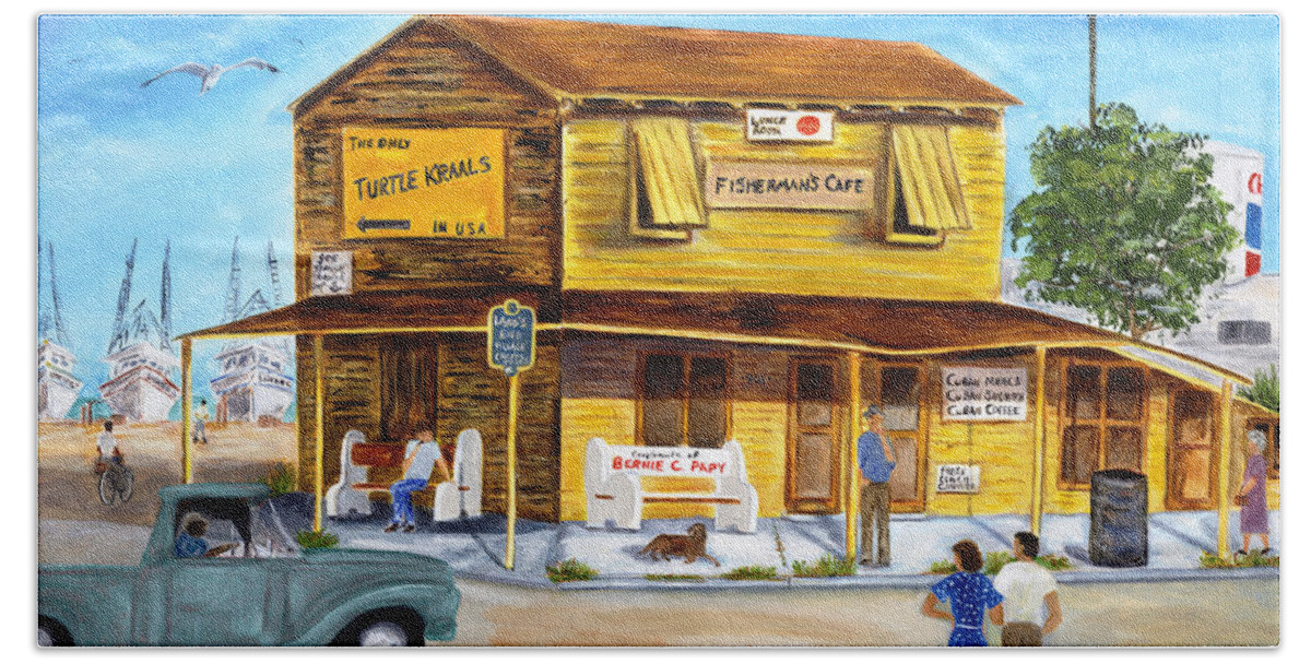 Landscape Beach Towel featuring the painting Fisherman's Cafe by Linda Cabrera