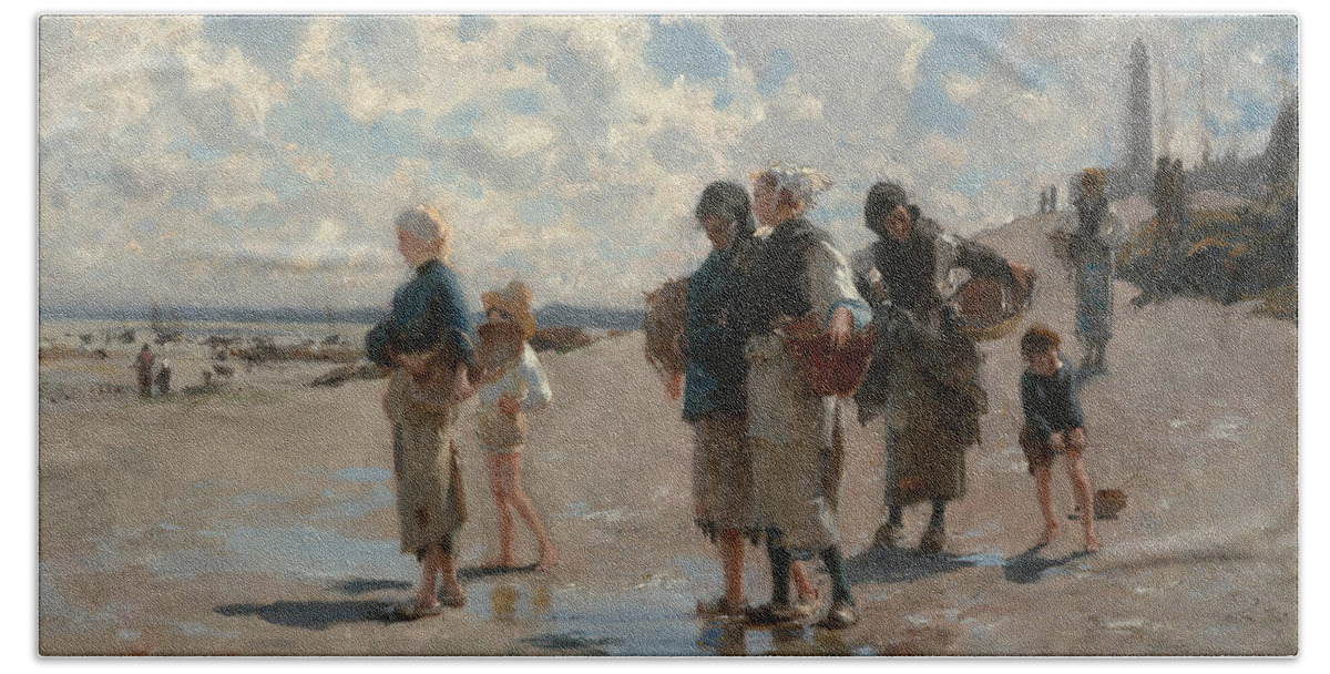 John Singer Sargent Beach Towel featuring the painting Fishing for Oysters at Cancale by John Singer Sargent