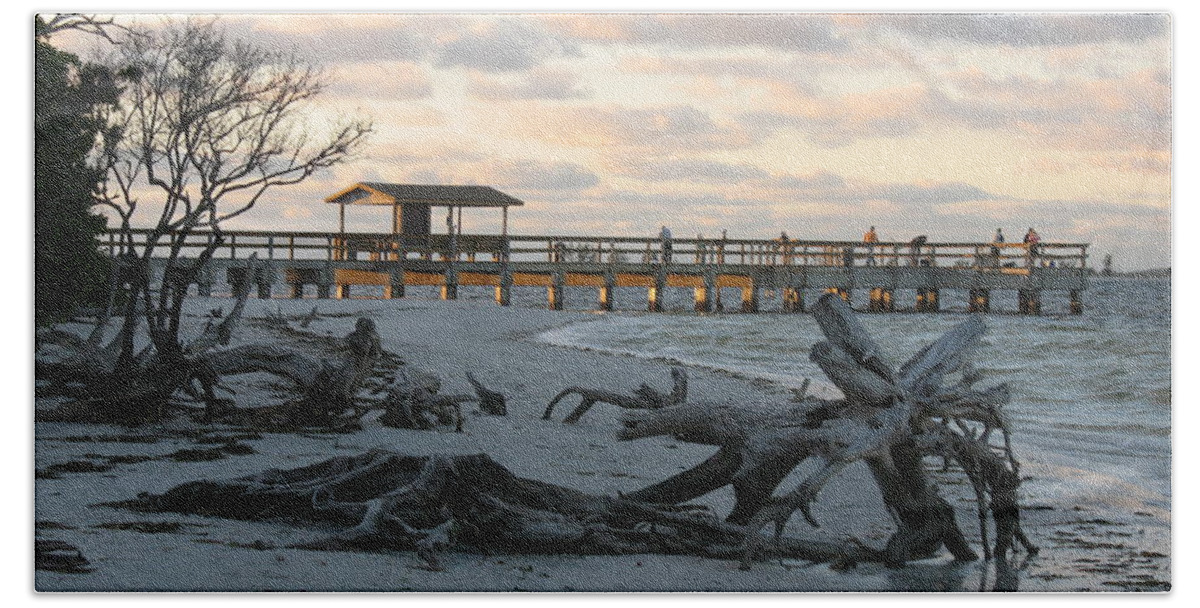 Fishing Pier Beach Towel featuring the photograph Fishing Pier And Driftwood by Christiane Schulze Art And Photography